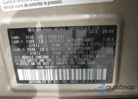 2010 Subaru Outback 2.5I Premium z USA, uszkodzony, nr VIN 4S4BRBCC3A3321543